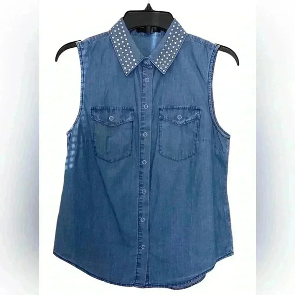 Forever 21 Denim rhinestone embellished collar Blouse Top , vest top Size Small - Picture 8 of 8